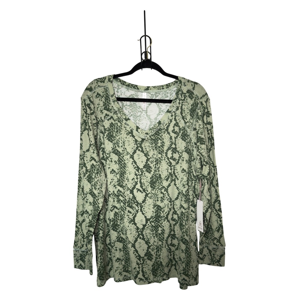 Cozy 3X Green V-Neck Snakeskin Ribbed Long Sleeve Top Fairy Grunge Serpentine